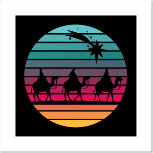 Three Wise Men following star silhouette with retro sunset Posters and Art